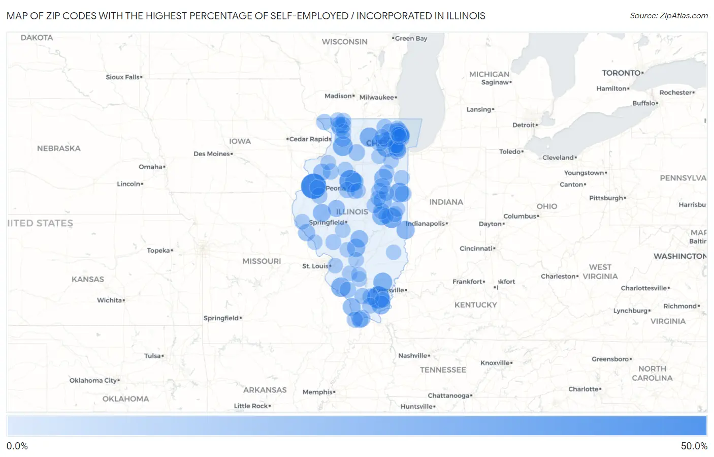 Zip Codes with the Highest Percentage of Self-Employed / Incorporated in Illinois Map