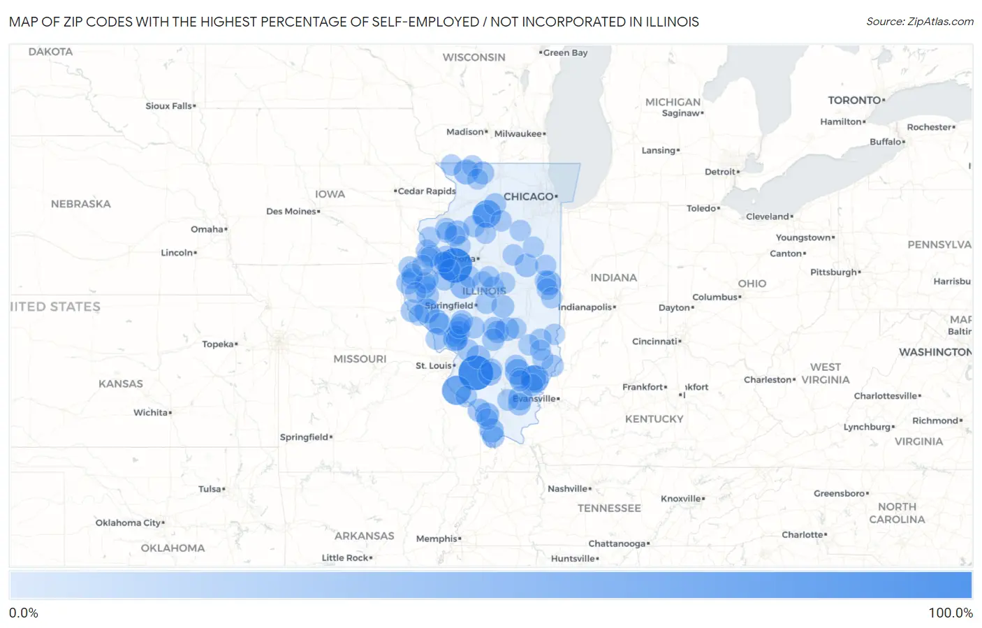 Zip Codes with the Highest Percentage of Self-Employed / Not Incorporated in Illinois Map