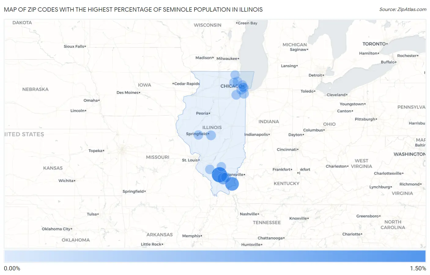 Zip Codes with the Highest Percentage of Seminole Population in Illinois Map
