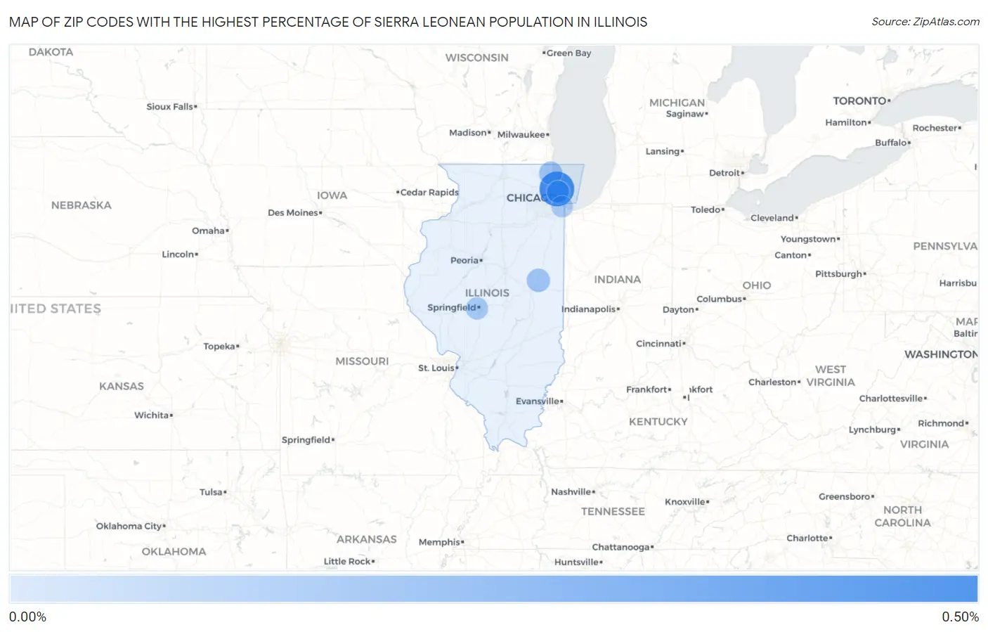 Zip Codes with the Highest Percentage of Sierra Leonean Population in Illinois Map