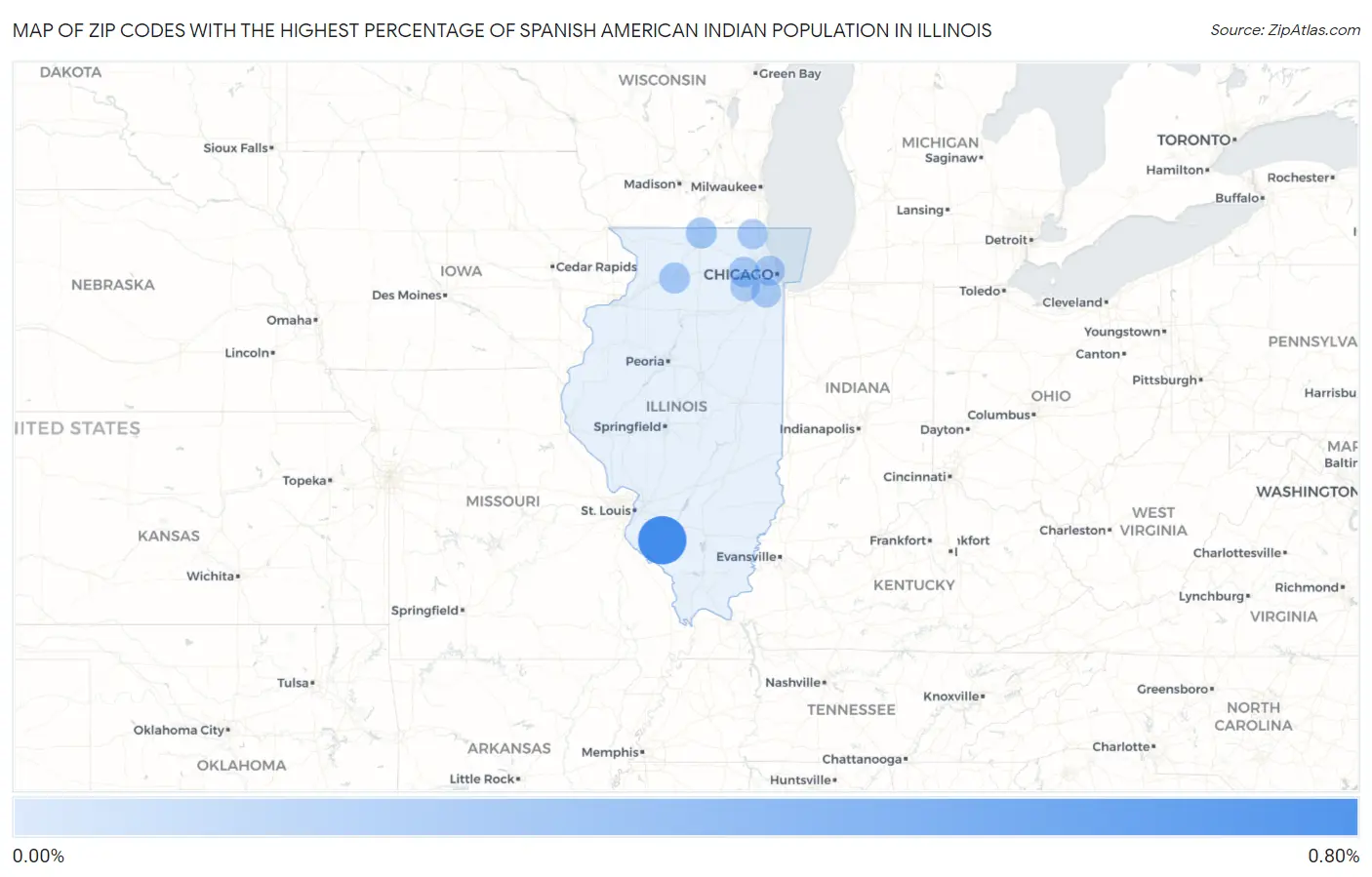 Zip Codes with the Highest Percentage of Spanish American Indian Population in Illinois Map
