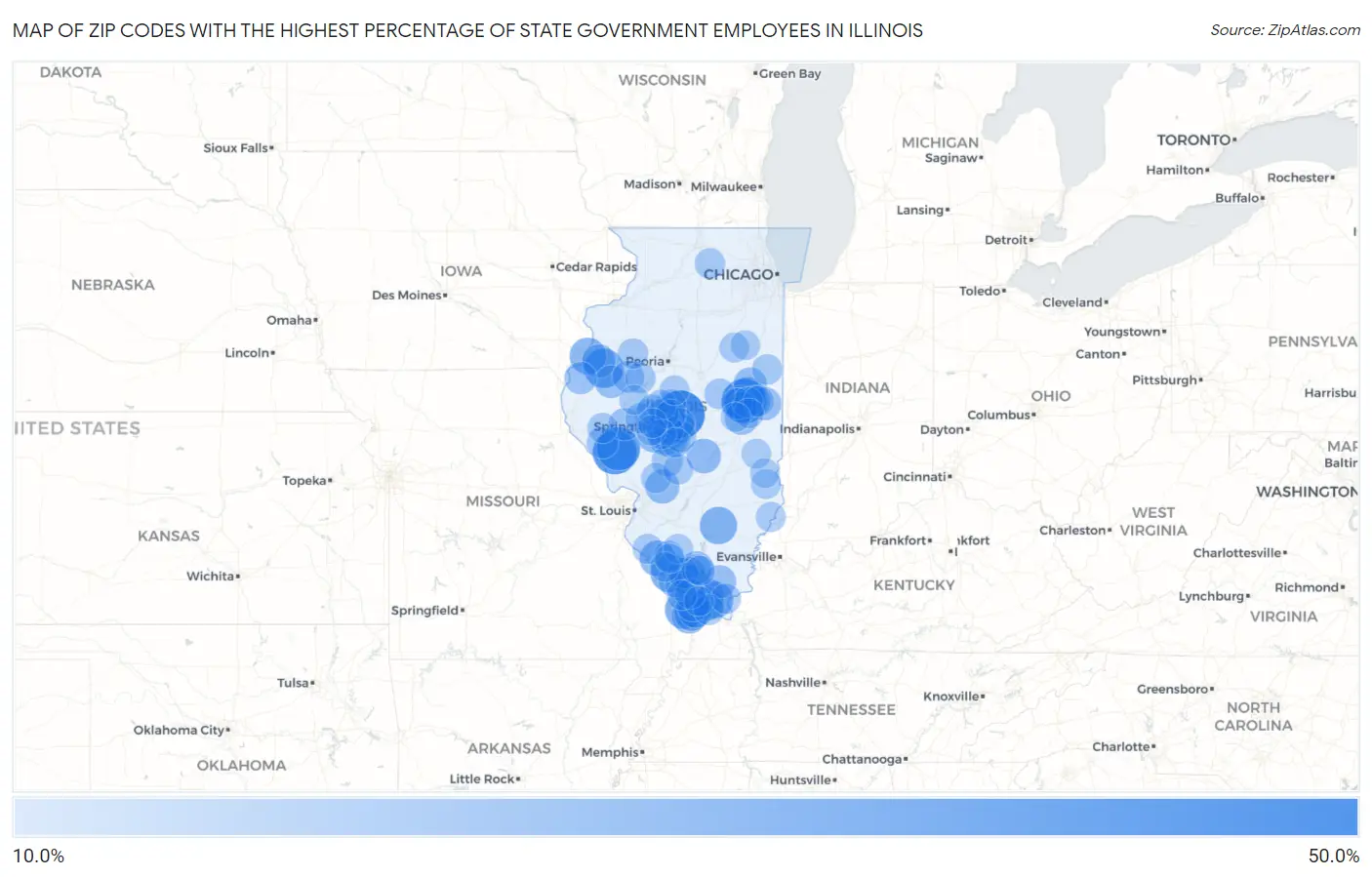 Zip Codes with the Highest Percentage of State Government Employees in Illinois Map