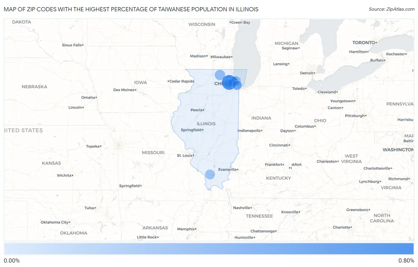 Zip Codes with the Highest Percentage of Taiwanese Population in Illinois Map