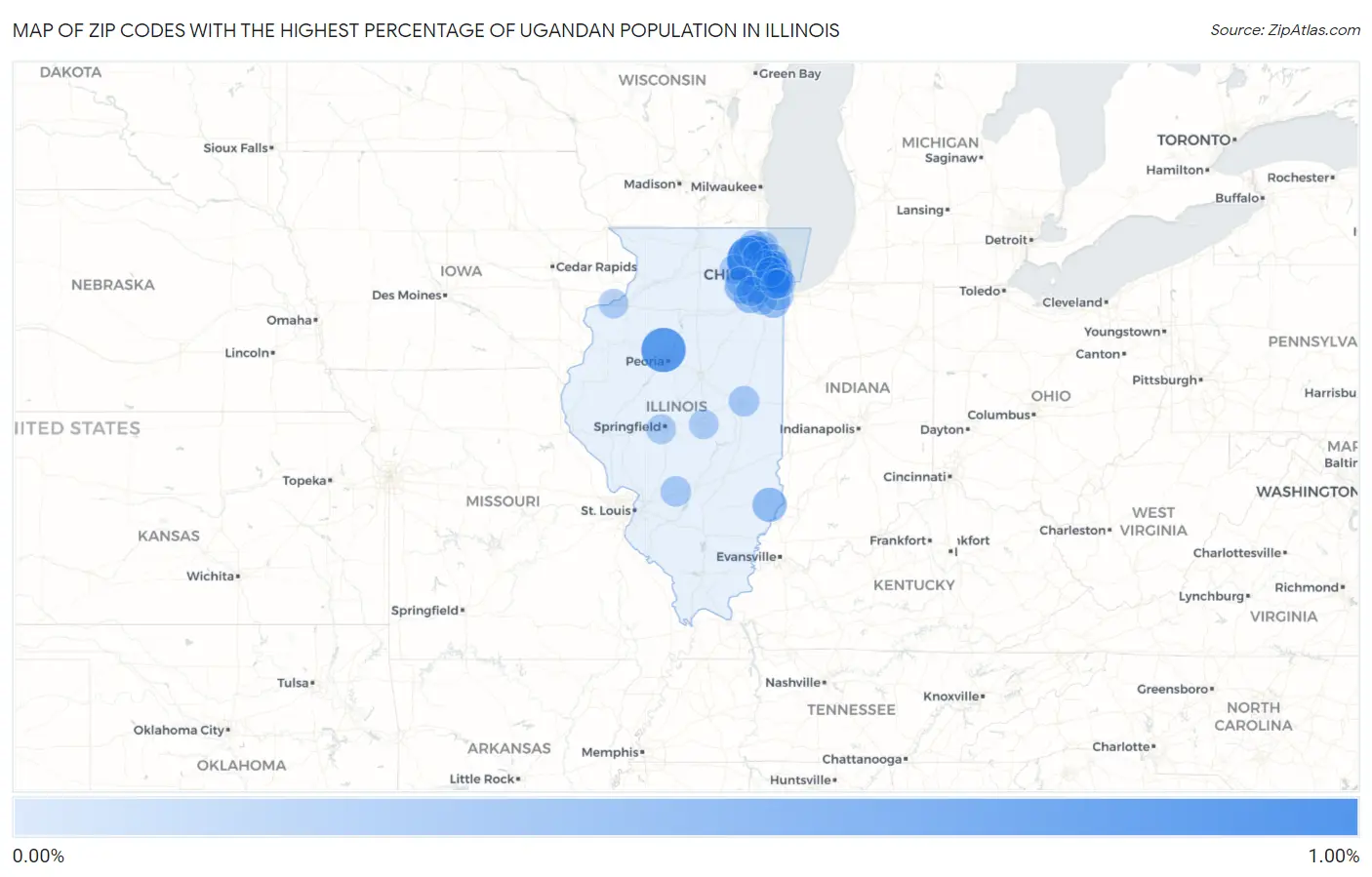 Zip Codes with the Highest Percentage of Ugandan Population in Illinois Map