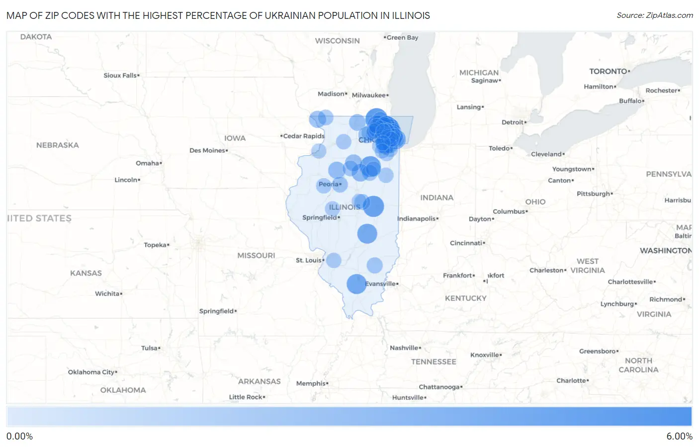 Zip Codes with the Highest Percentage of Ukrainian Population in Illinois Map