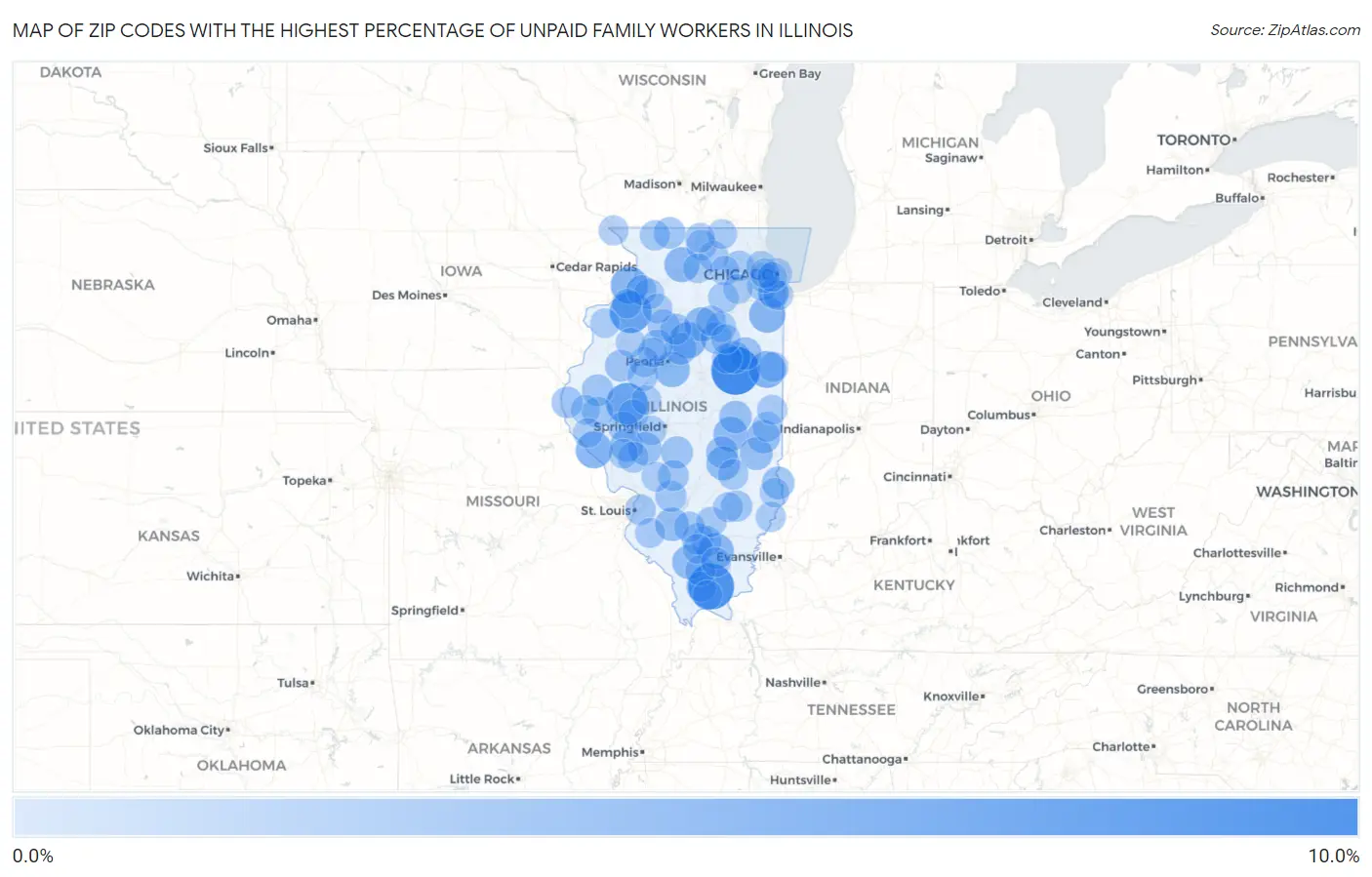 Zip Codes with the Highest Percentage of Unpaid Family Workers in Illinois Map