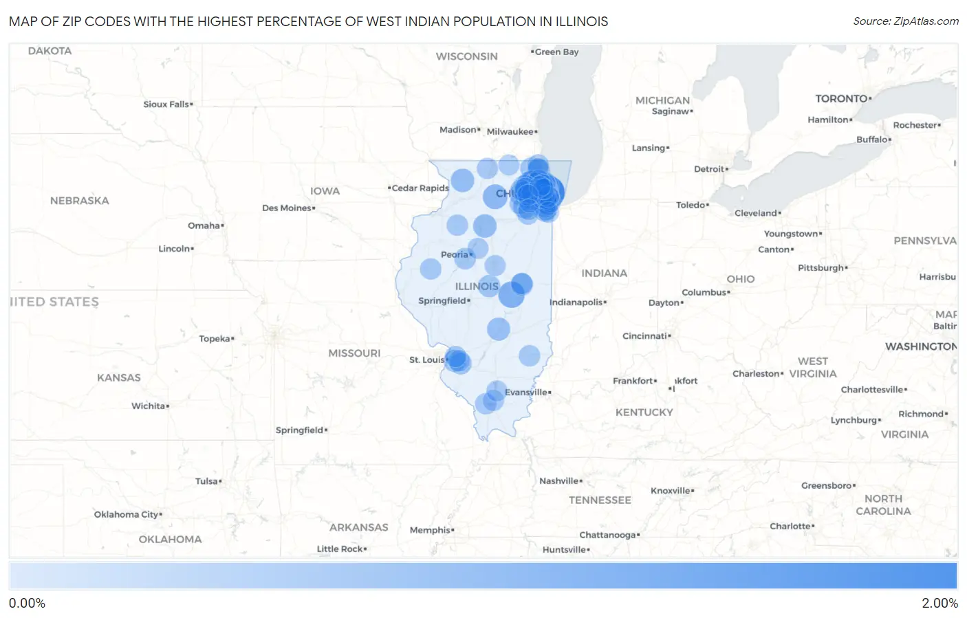 Zip Codes with the Highest Percentage of West Indian Population in Illinois Map