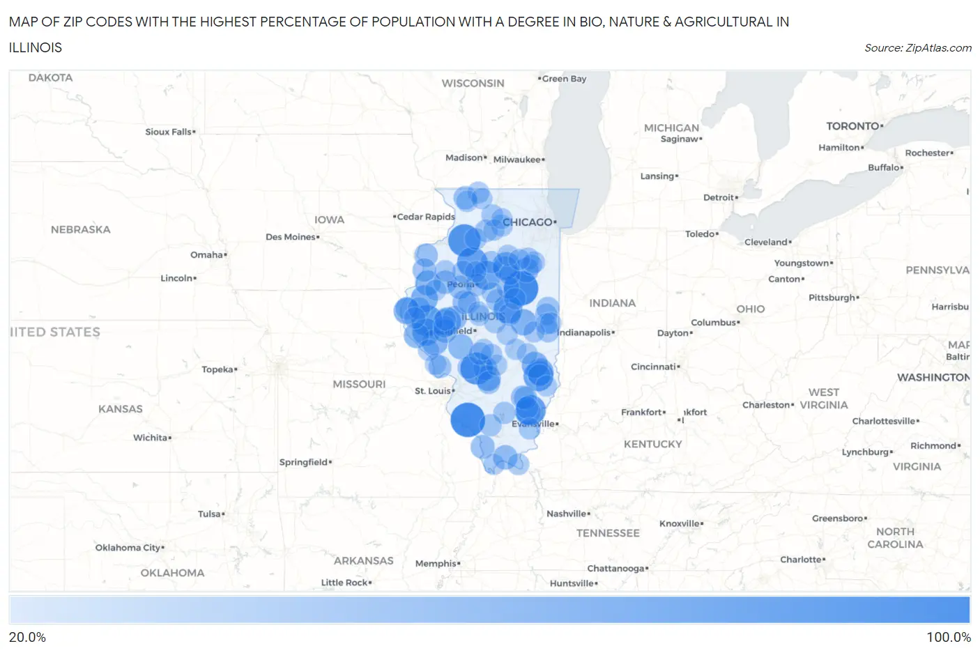 Zip Codes with the Highest Percentage of Population with a Degree in Bio, Nature & Agricultural in Illinois Map