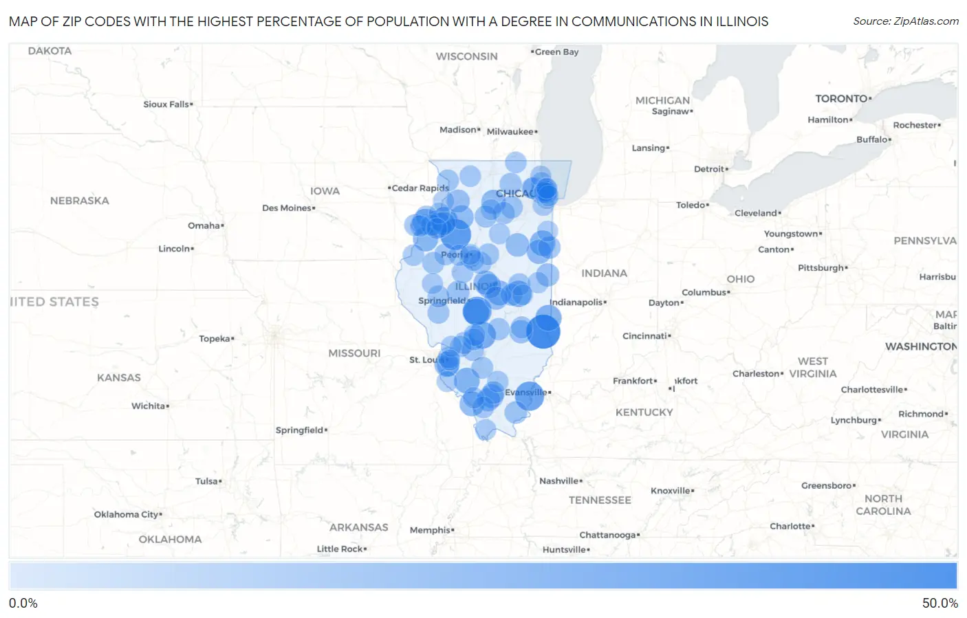 Zip Codes with the Highest Percentage of Population with a Degree in Communications in Illinois Map