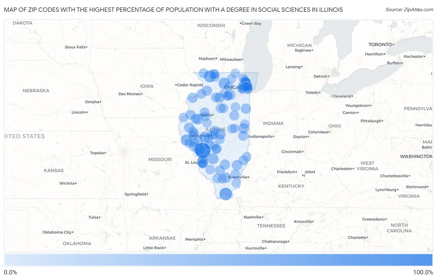 Zip Codes with the Highest Percentage of Population with a Degree in Social Sciences in Illinois Map