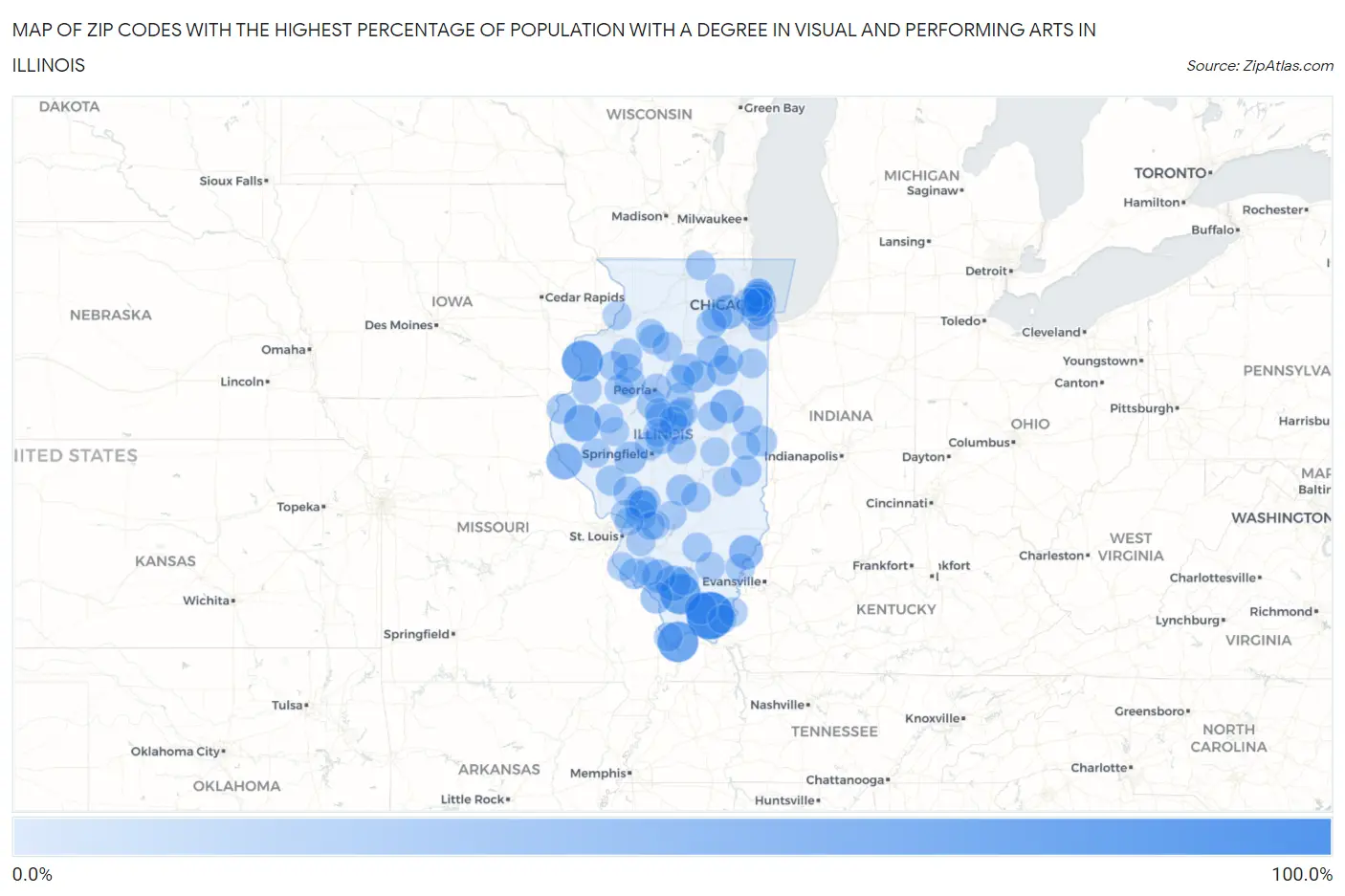 Zip Codes with the Highest Percentage of Population with a Degree in Visual and Performing Arts in Illinois Map