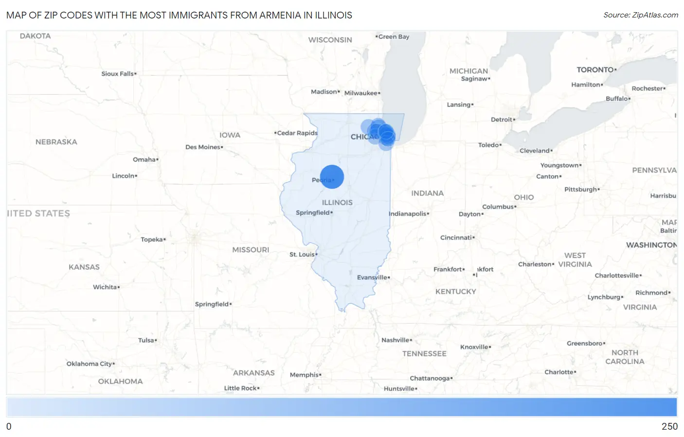 Zip Codes with the Most Immigrants from Armenia in Illinois Map