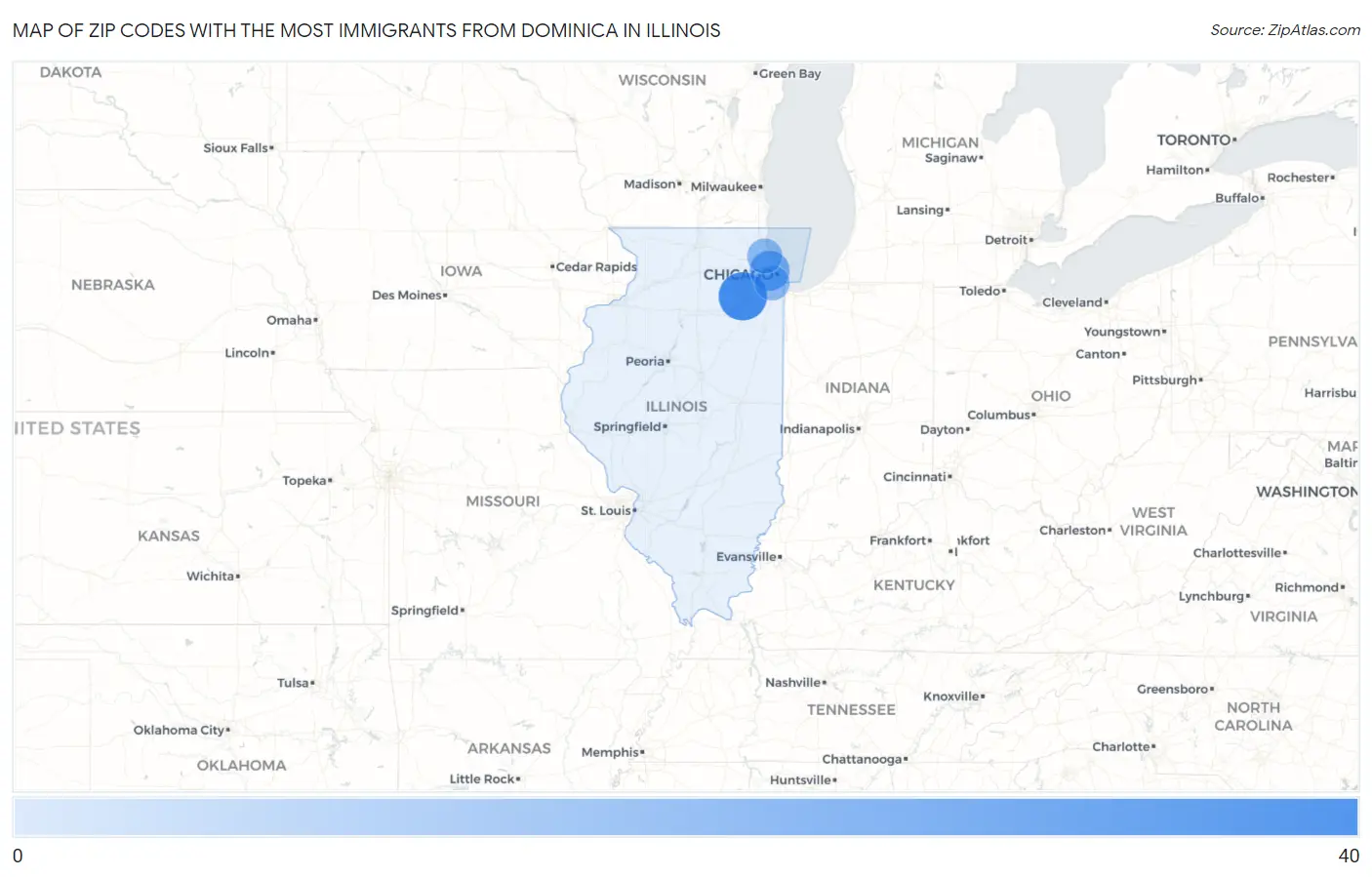Zip Codes with the Most Immigrants from Dominica in Illinois Map