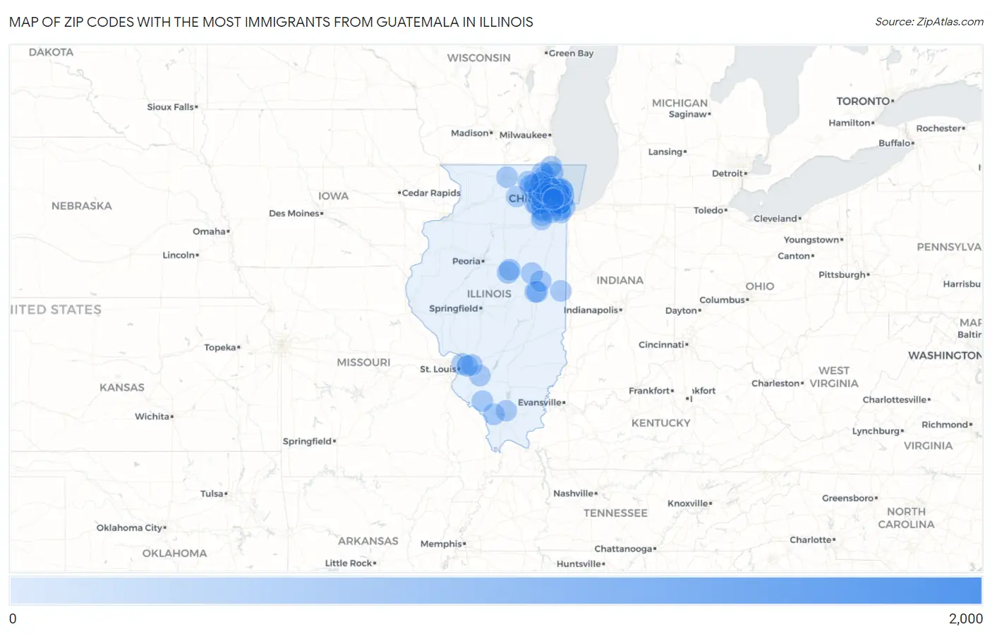 Zip Codes with the Most Immigrants from Guatemala in Illinois Map