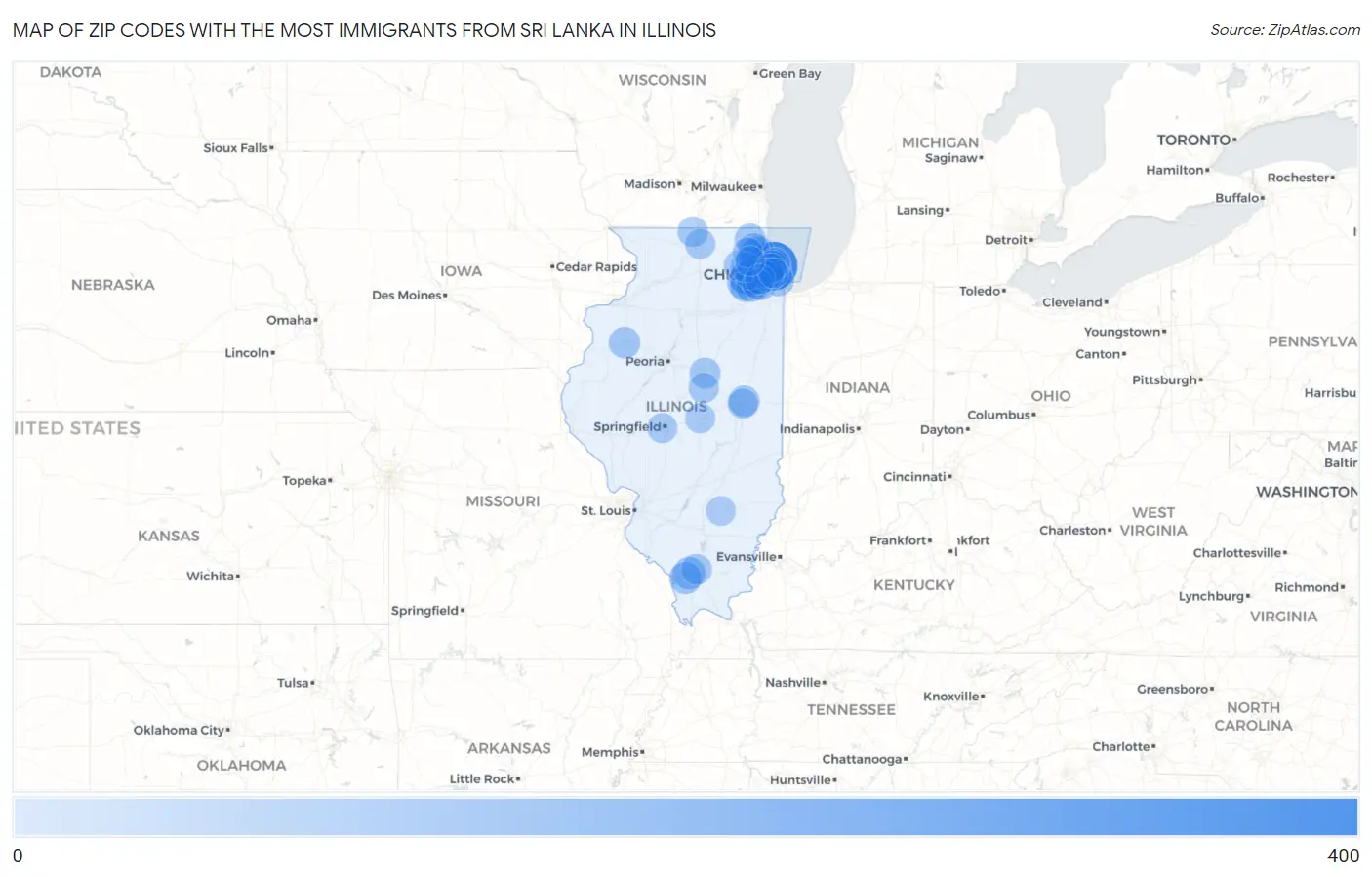 Zip Codes with the Most Immigrants from Sri Lanka in Illinois Map