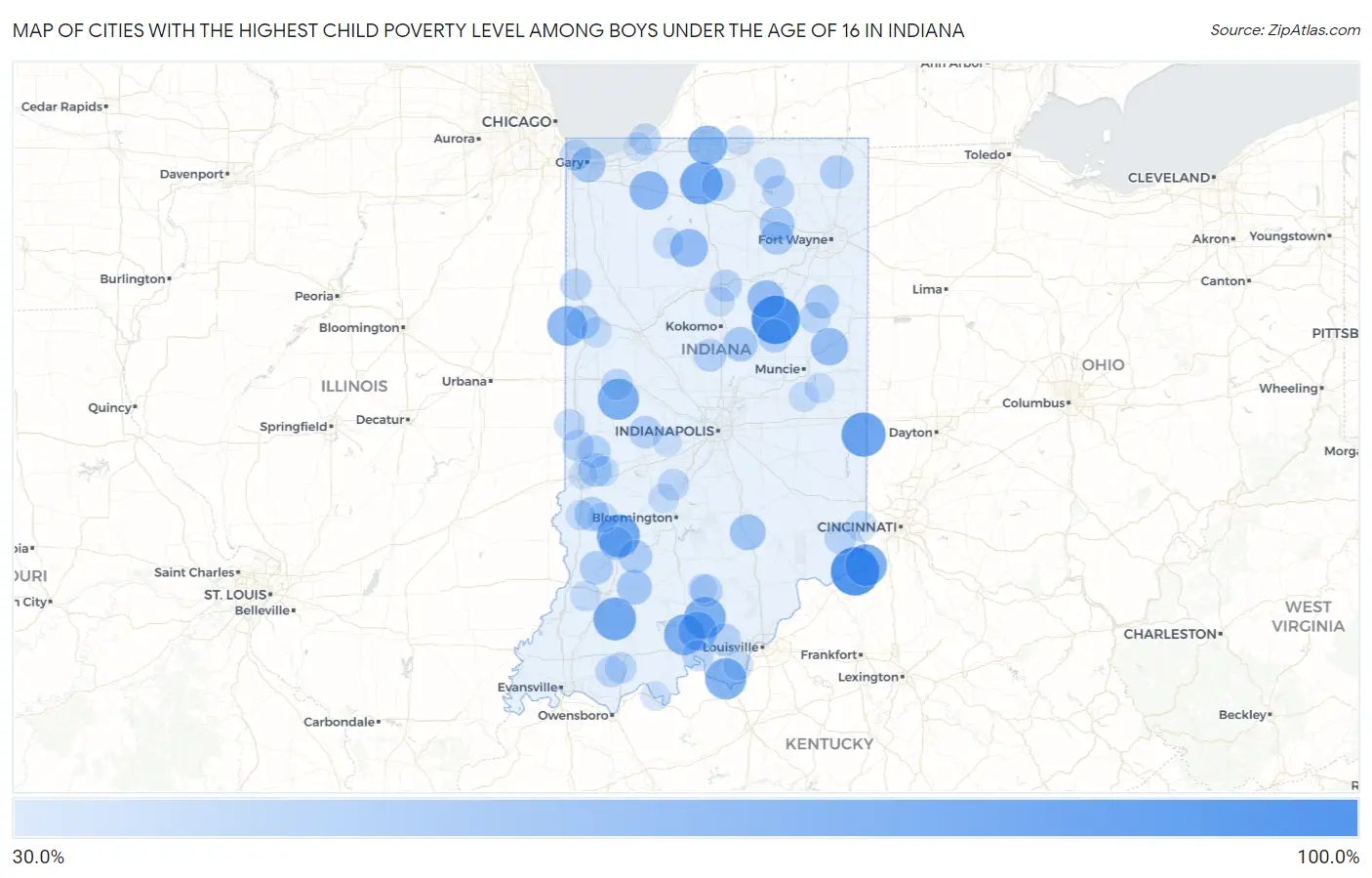 Cities with the Highest Child Poverty Level Among Boys Under the Age of 16 in Indiana Map