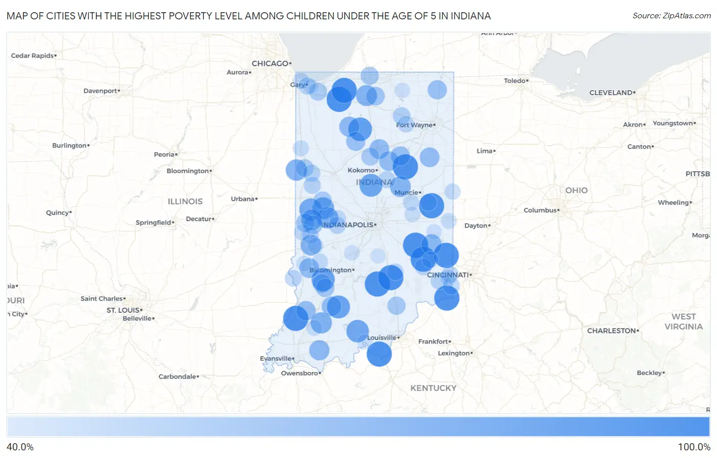 Cities with the Highest Poverty Level Among Children Under the Age of 5 in Indiana Map