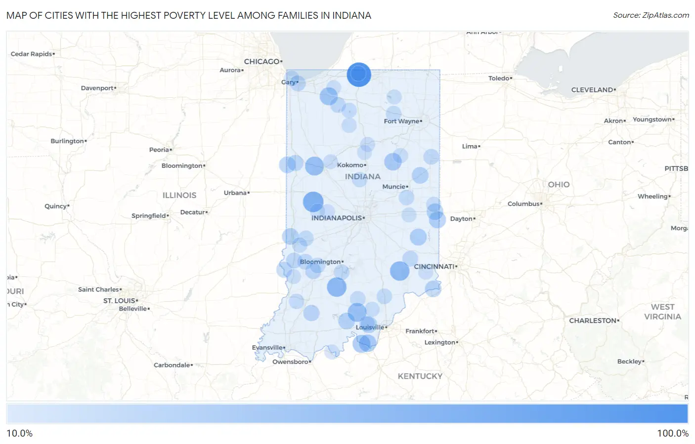Cities with the Highest Poverty Level Among Families in Indiana Map