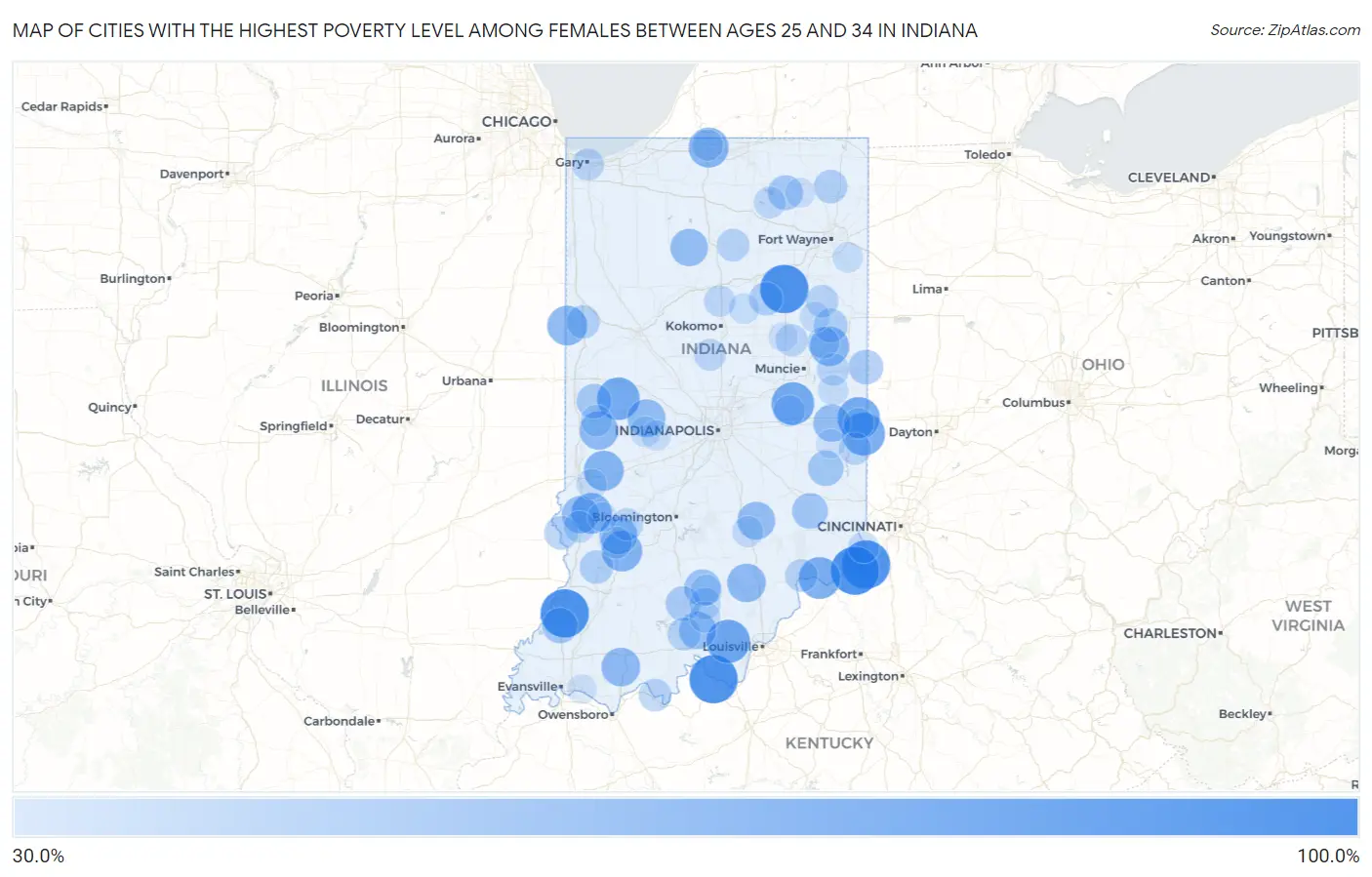 Cities with the Highest Poverty Level Among Females Between Ages 25 and 34 in Indiana Map