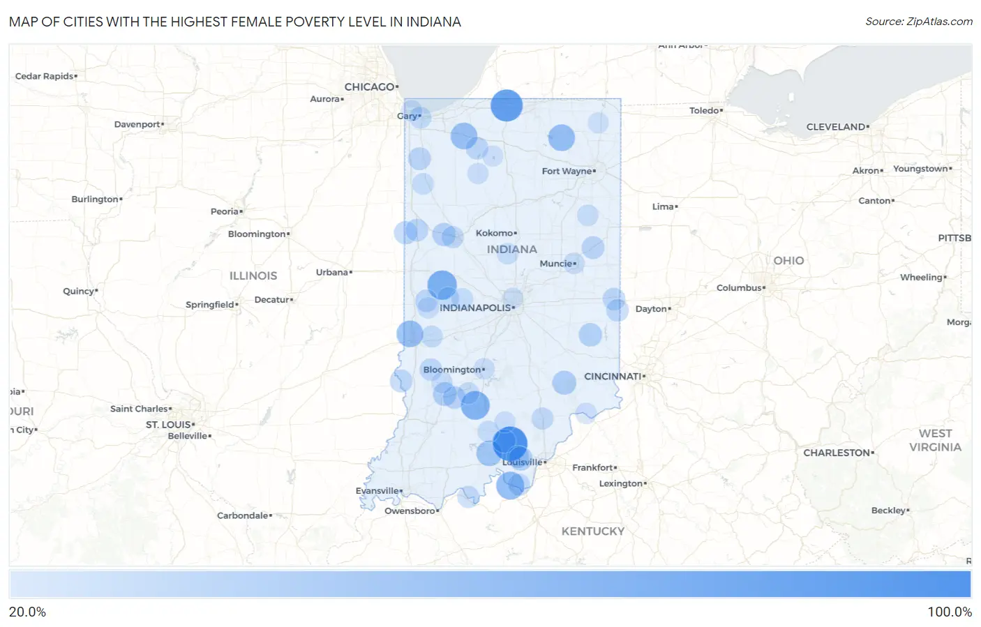 Cities with the Highest Female Poverty Level in Indiana Map
