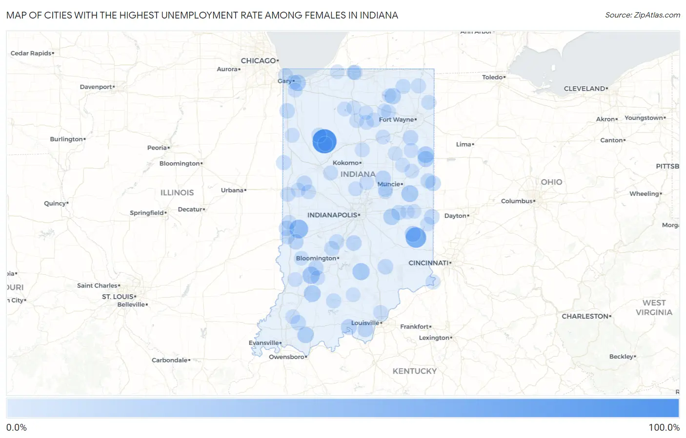 Cities with the Highest Unemployment Rate Among Females in Indiana Map