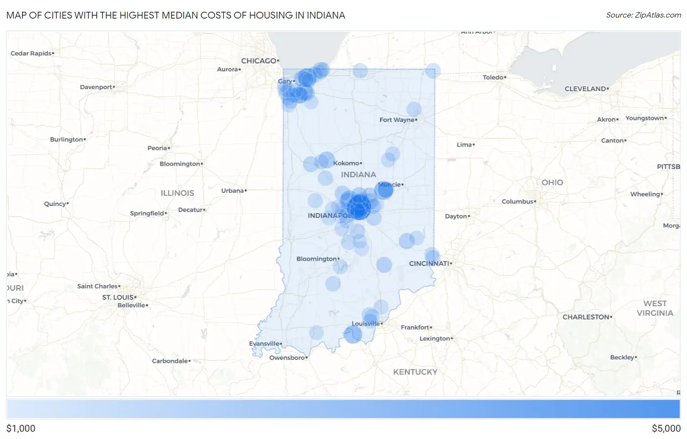 Cities with the Highest Median Costs of Housing in Indiana Map