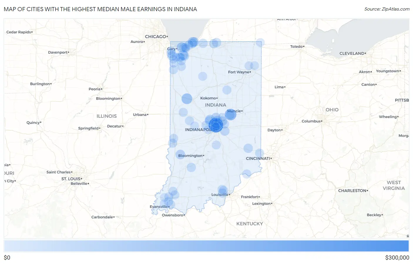 Cities with the Highest Median Male Earnings in Indiana Map