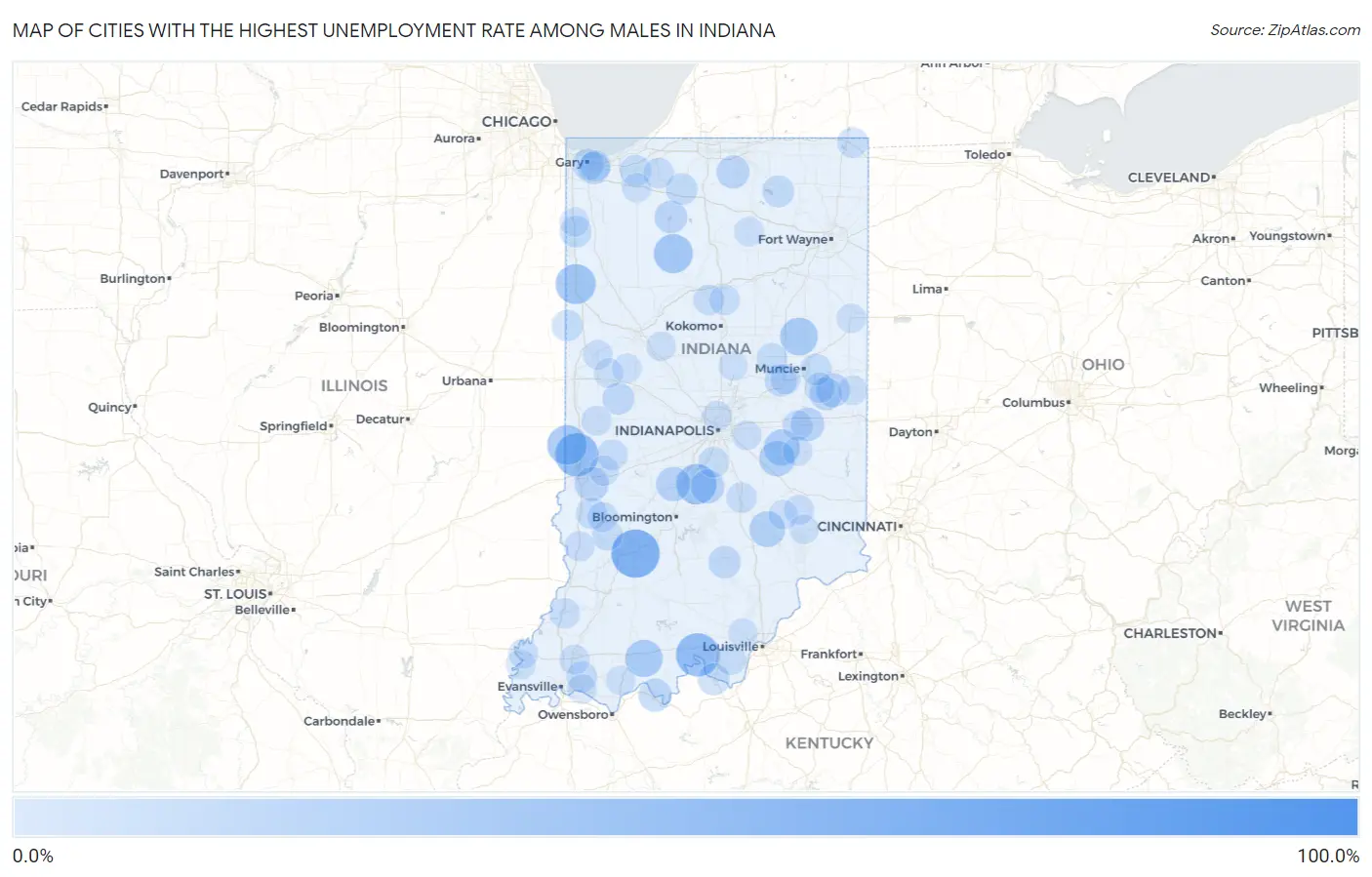Cities with the Highest Unemployment Rate Among Males in Indiana Map