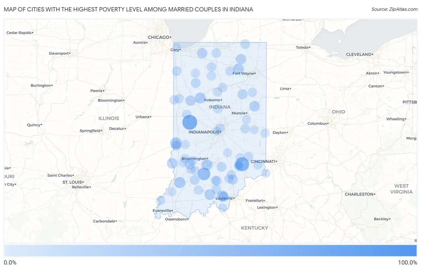 Cities with the Highest Poverty Level Among Married Couples in Indiana Map