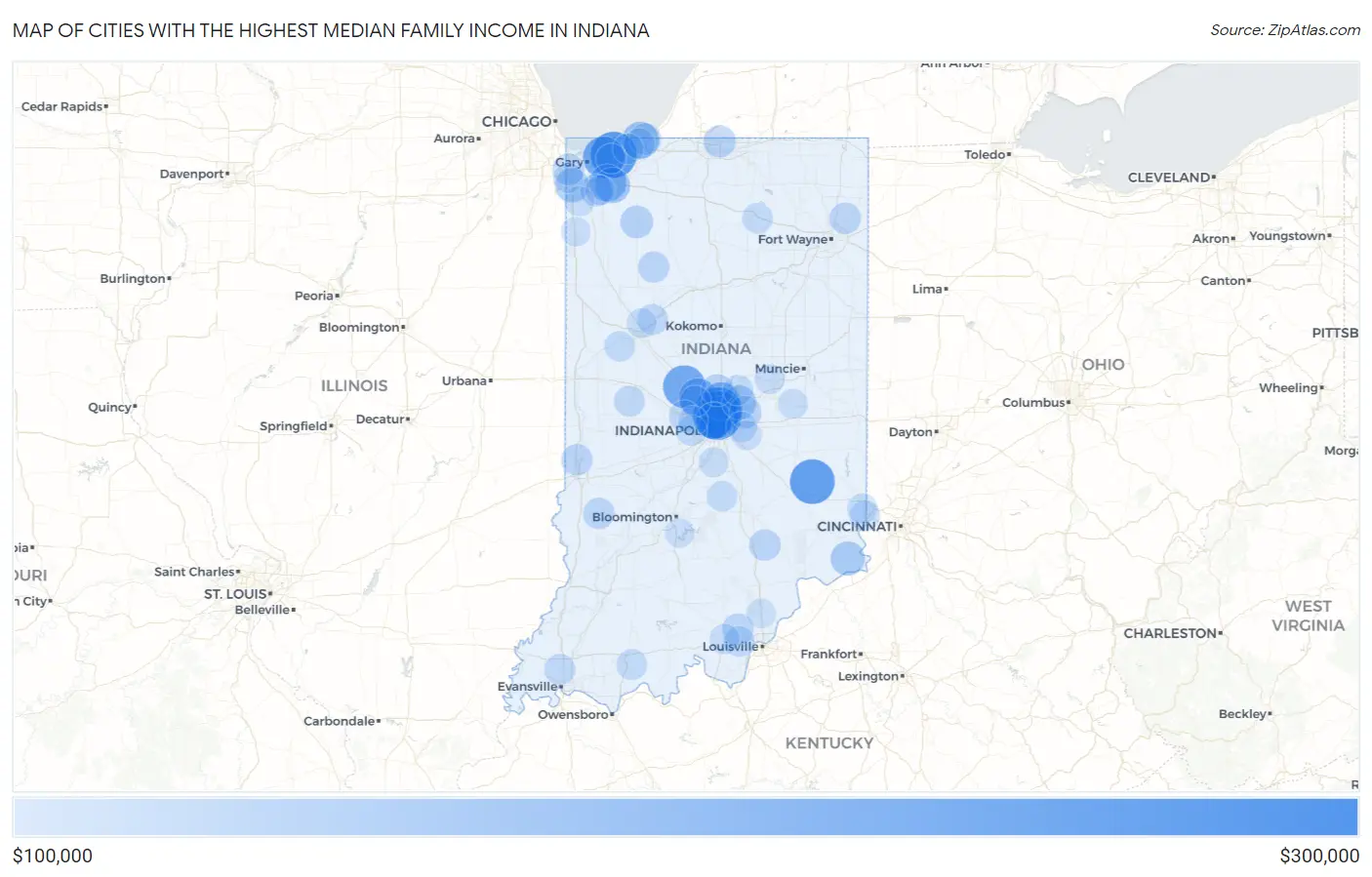 Cities with the Highest Median Family Income in Indiana Map