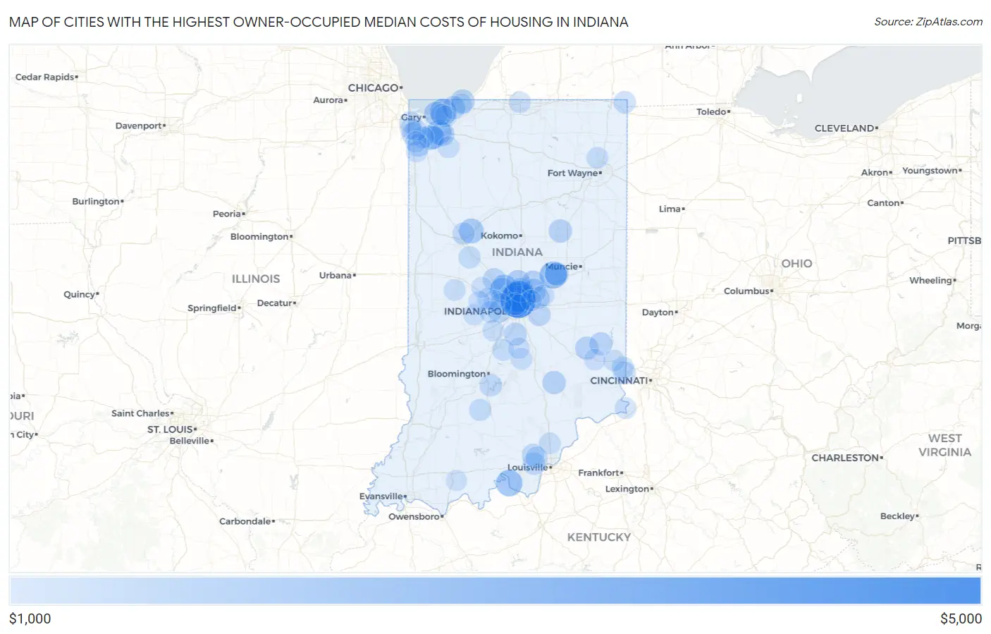 Cities with the Highest Owner-Occupied Median Costs of Housing in Indiana Map