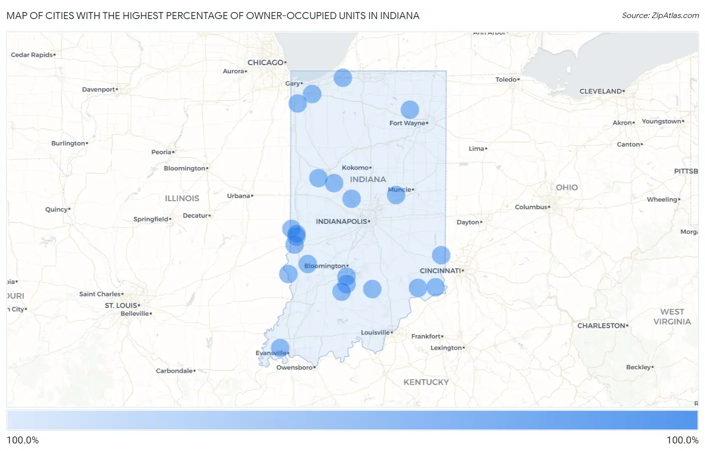 Cities with the Highest Percentage of Owner-Occupied Units in Indiana Map