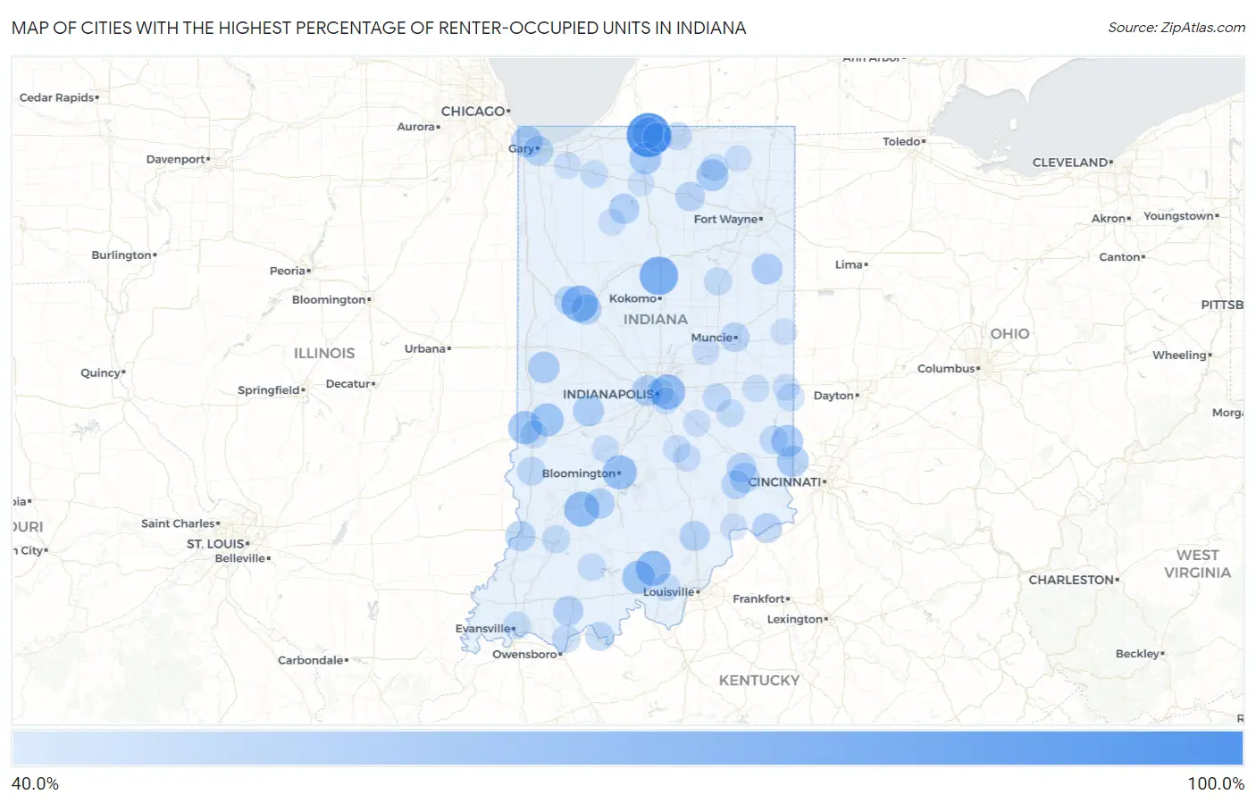 Cities with the Highest Percentage of Renter-Occupied Units in Indiana Map