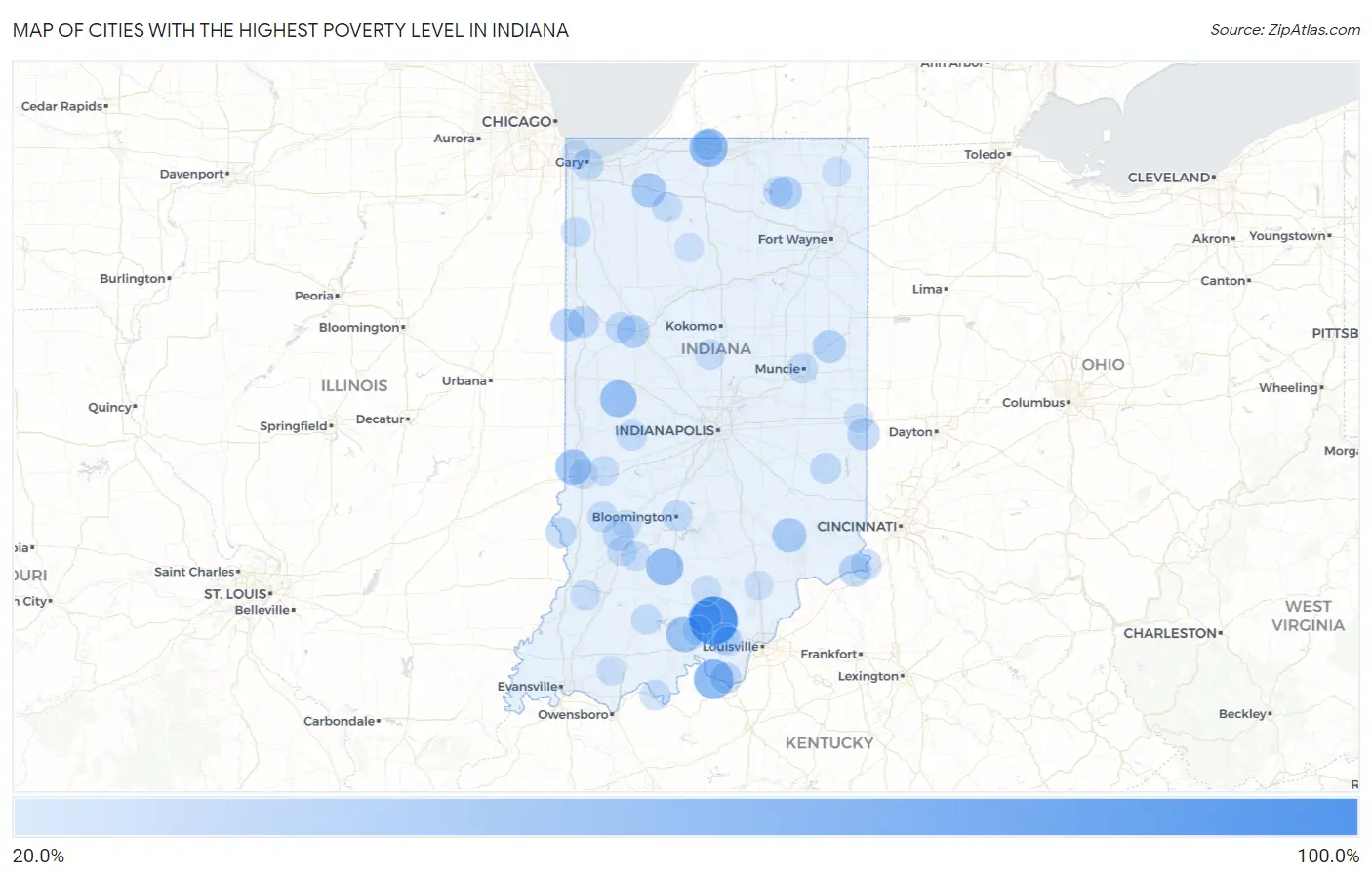 Cities with the Highest Poverty Level in Indiana Map