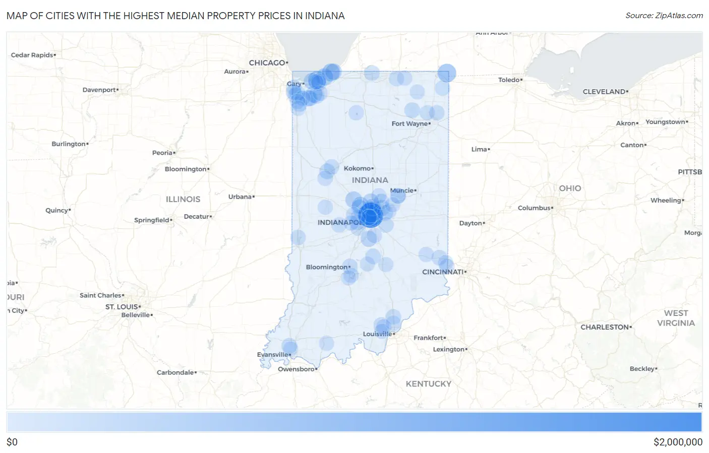 Cities with the Highest Median Property Prices in Indiana Map