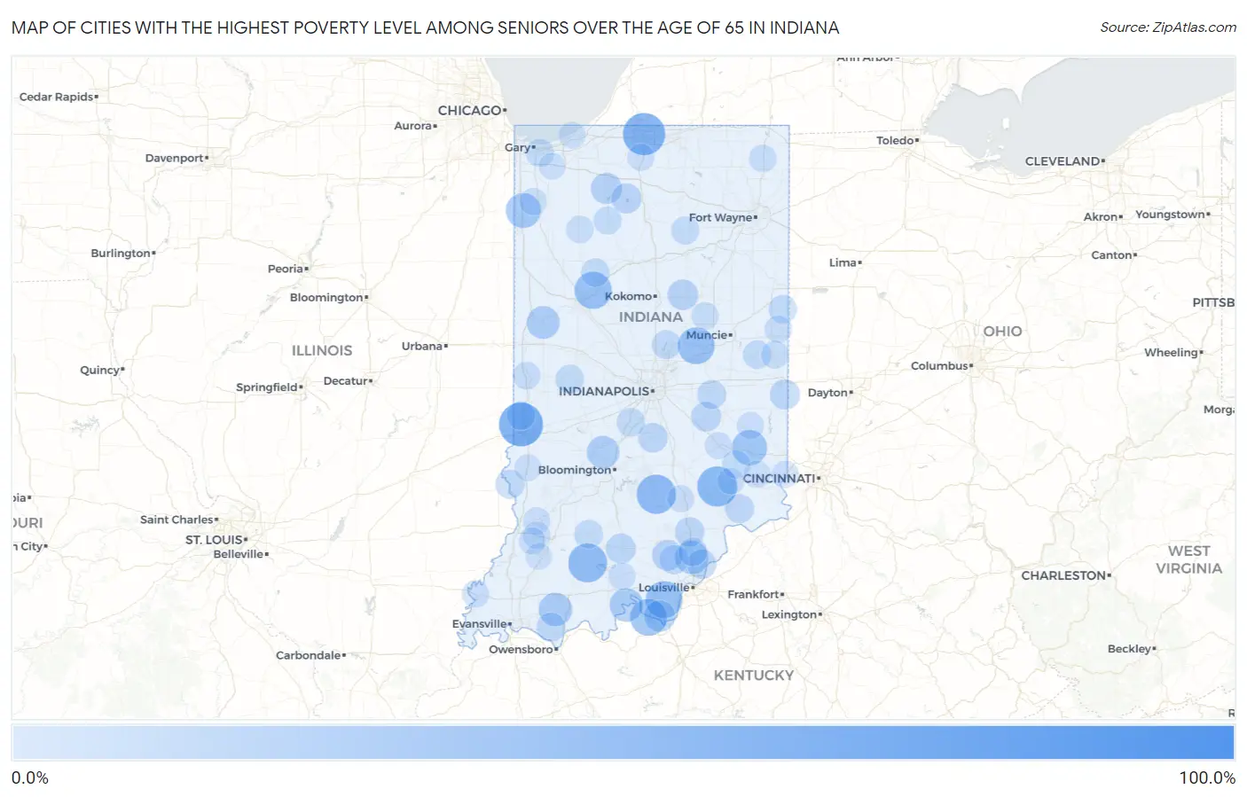 Cities with the Highest Poverty Level Among Seniors Over the Age of 65 in Indiana Map