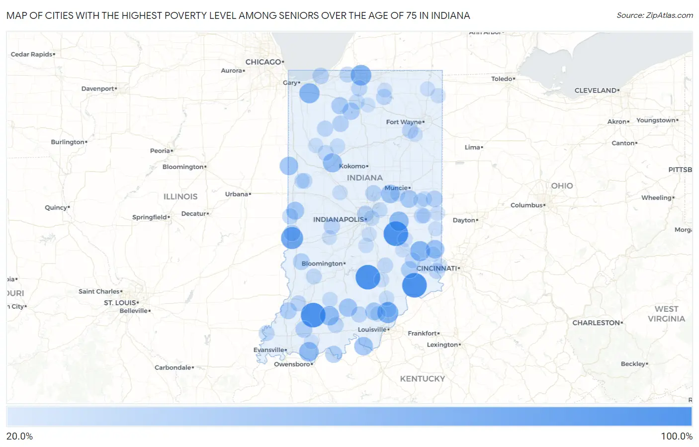 Cities with the Highest Poverty Level Among Seniors Over the Age of 75 in Indiana Map