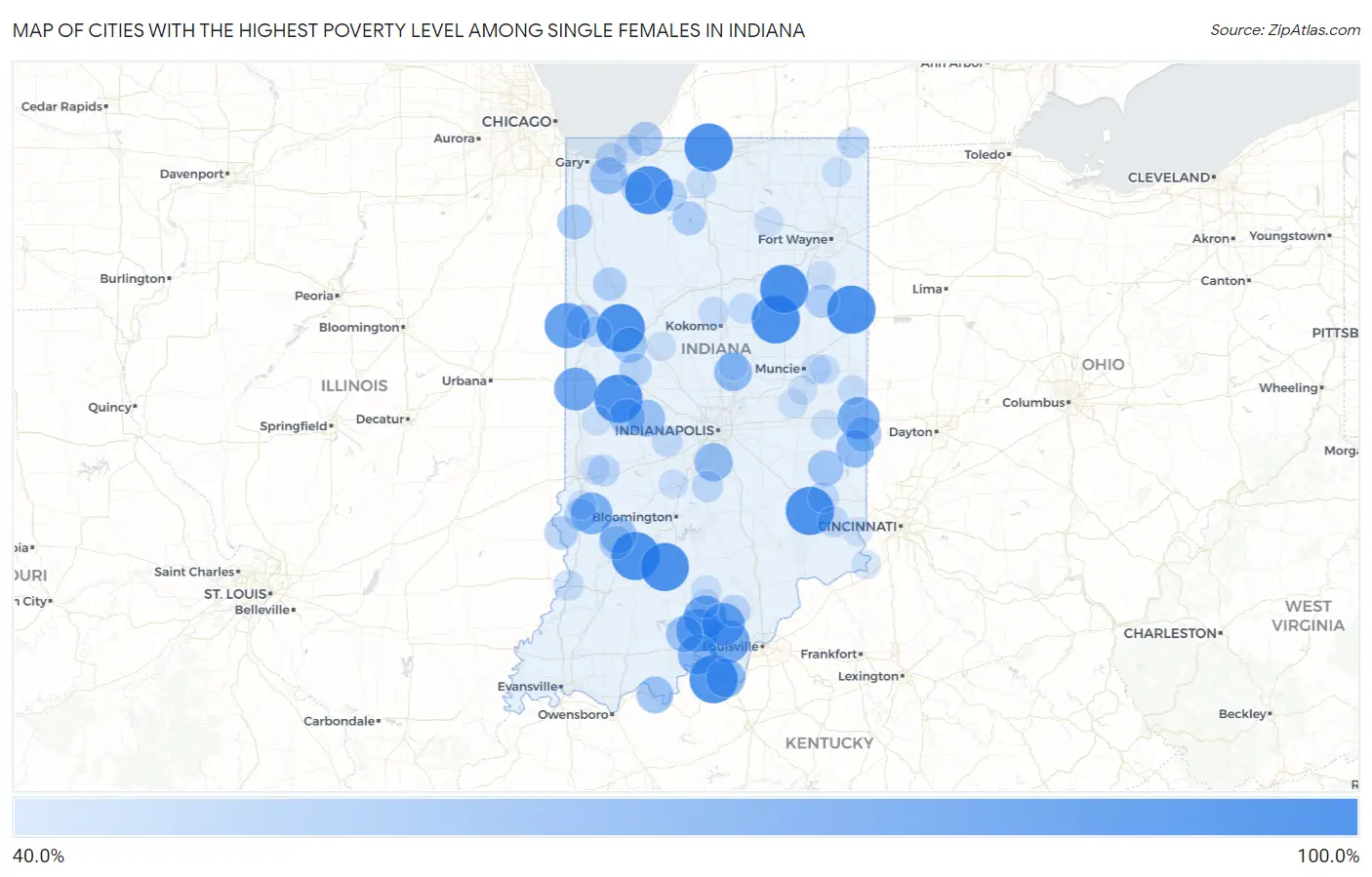 Cities with the Highest Poverty Level Among Single Females in Indiana Map