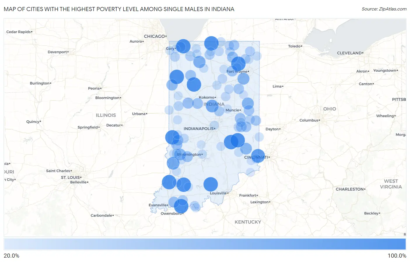Cities with the Highest Poverty Level Among Single Males in Indiana Map