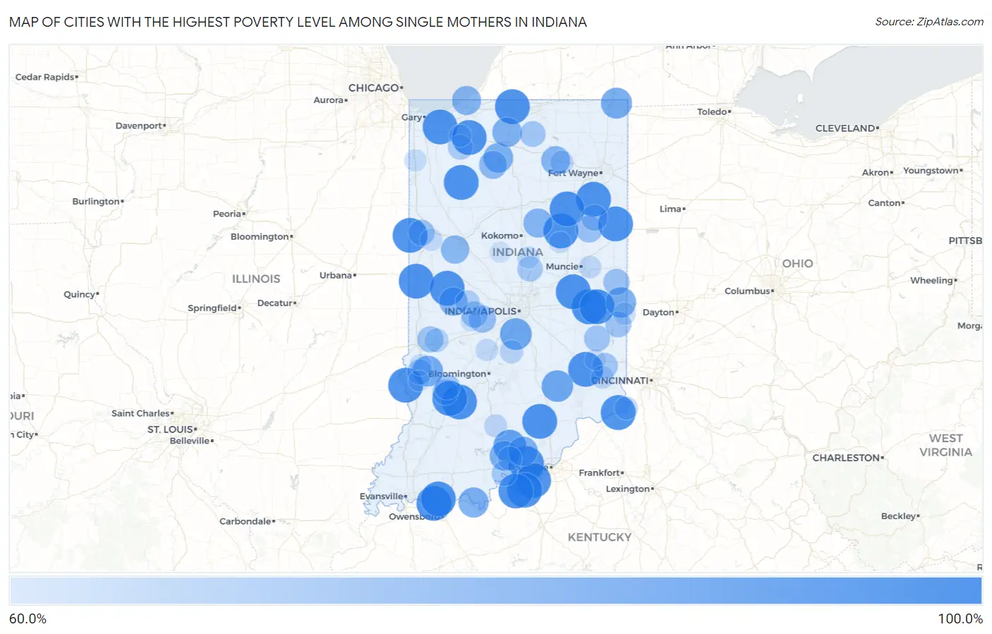 Cities with the Highest Poverty Level Among Single Mothers in Indiana Map