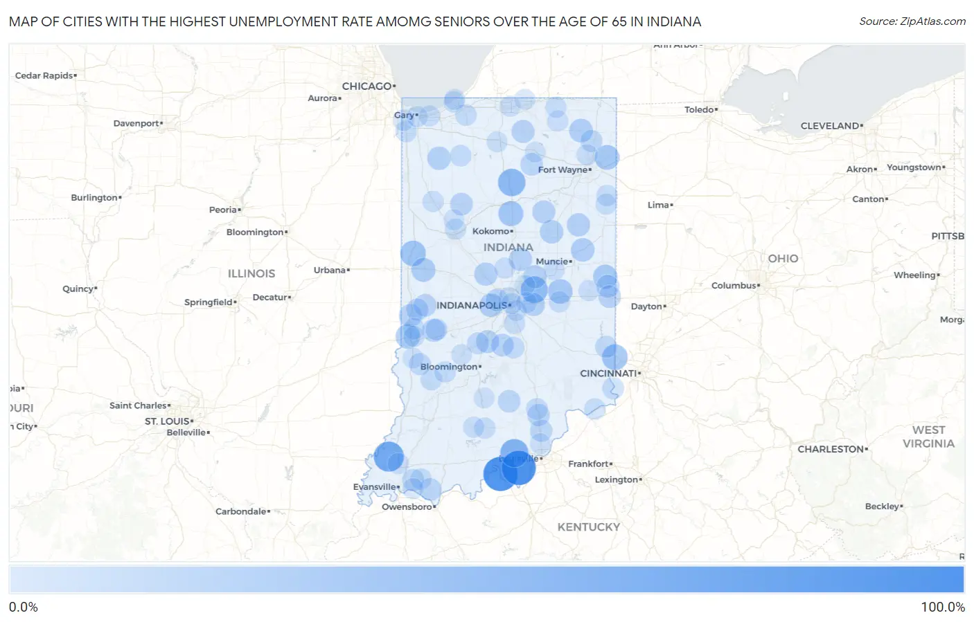 Cities with the Highest Unemployment Rate Amomg Seniors Over the Age of 65 in Indiana Map
