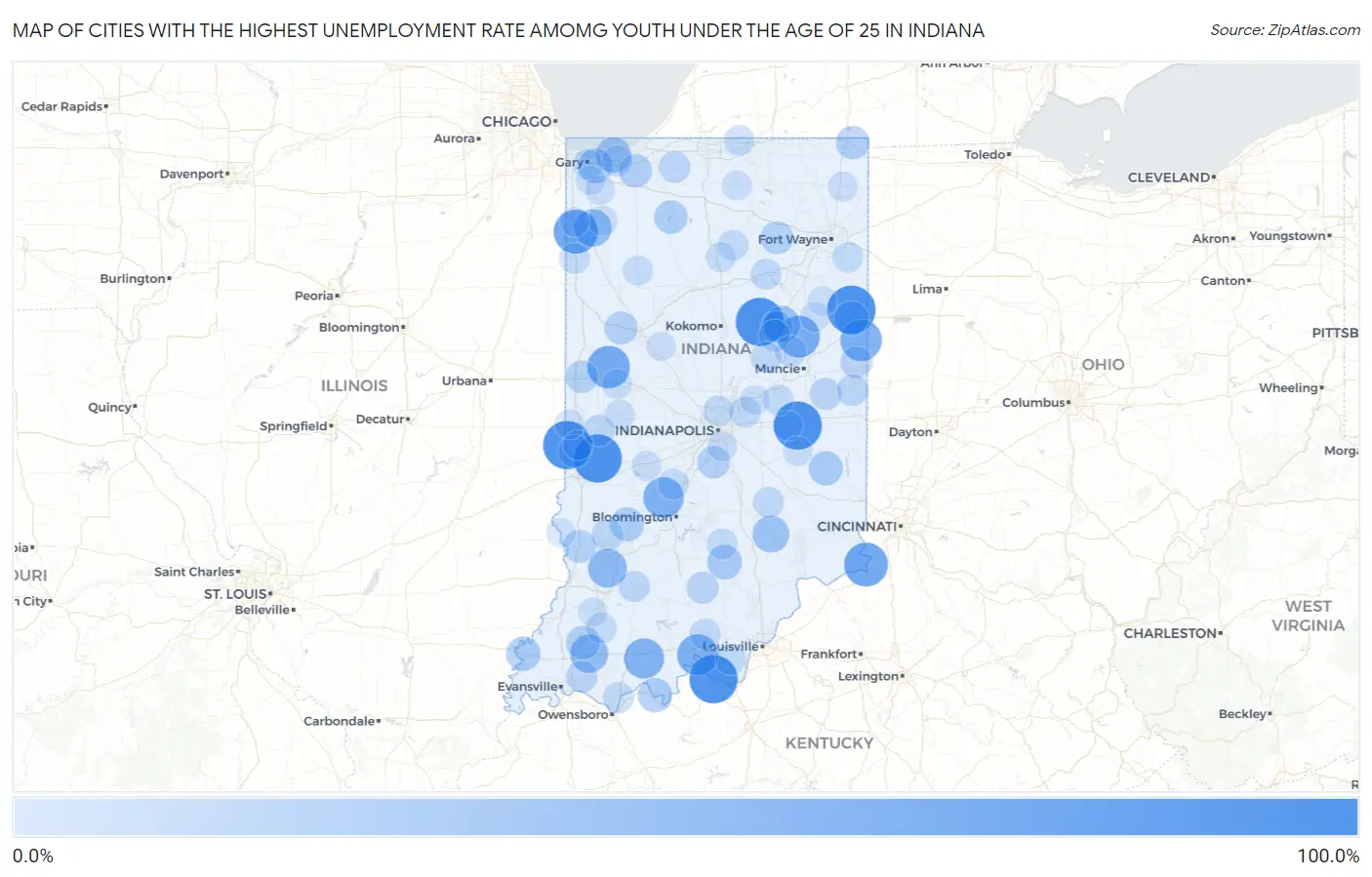 Cities with the Highest Unemployment Rate Amomg Youth Under the Age of 25 in Indiana Map