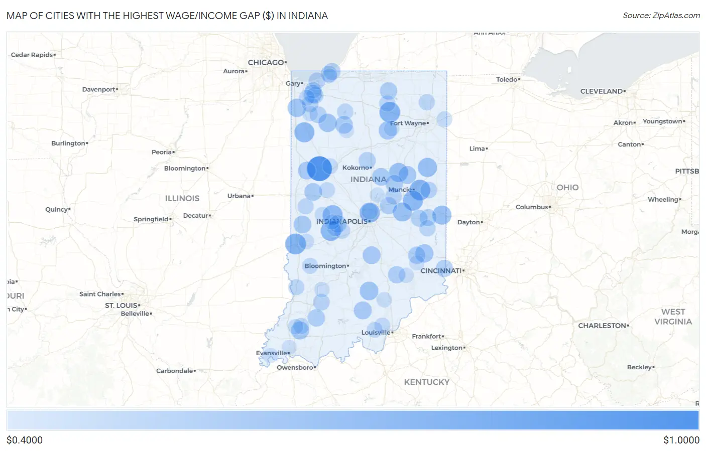 Cities with the Highest Wage/Income Gap ($) in Indiana Map