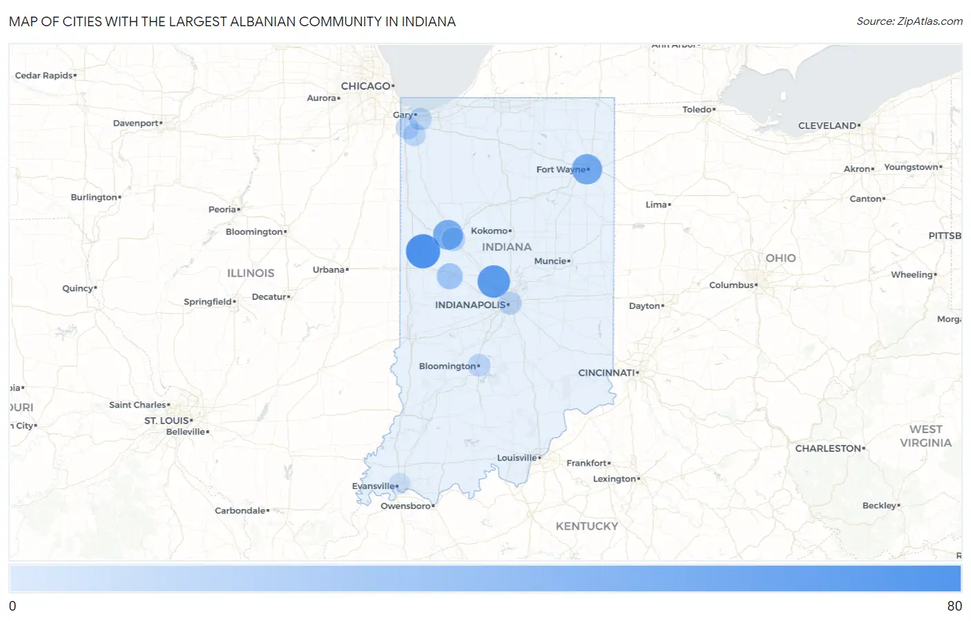 Cities with the Largest Albanian Community in Indiana Map