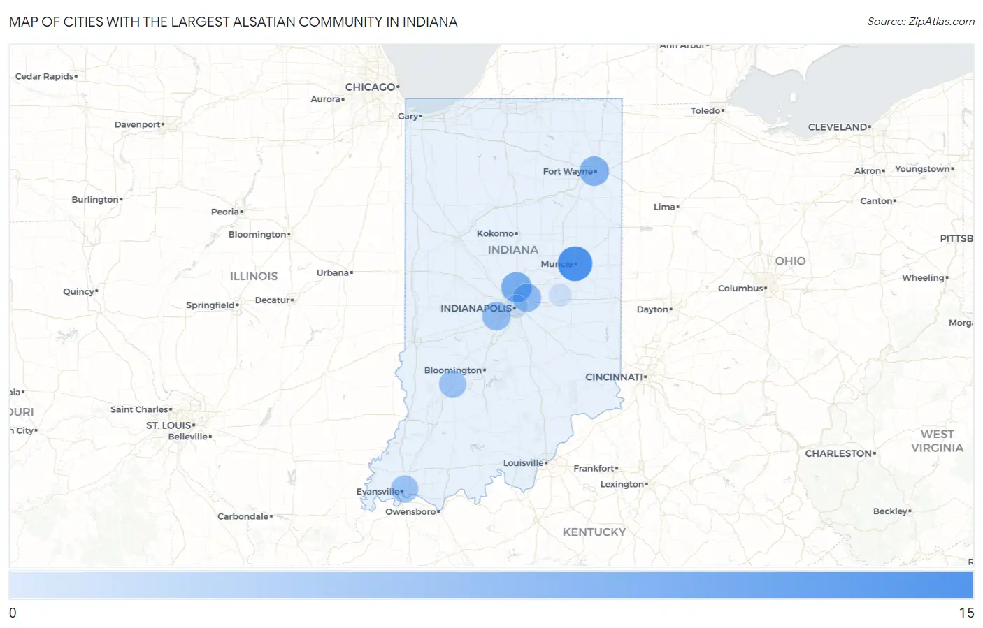 Cities with the Largest Alsatian Community in Indiana Map