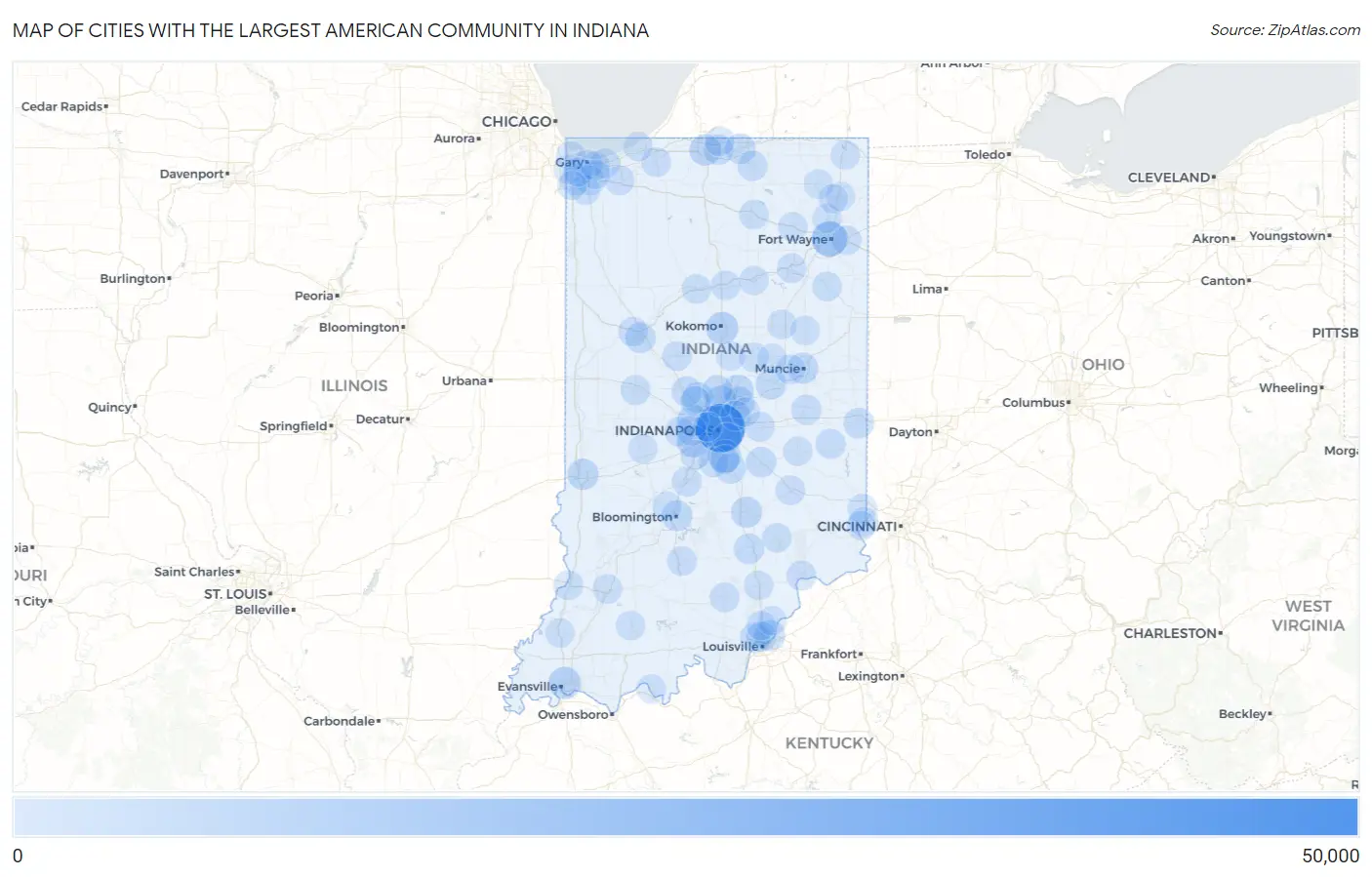 Cities with the Largest American Community in Indiana Map