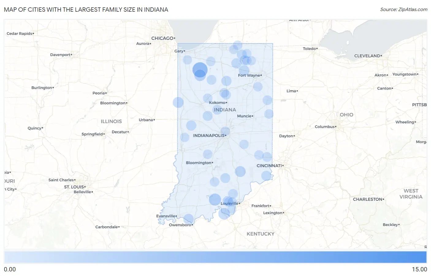 Cities with the Largest Family Size in Indiana Map