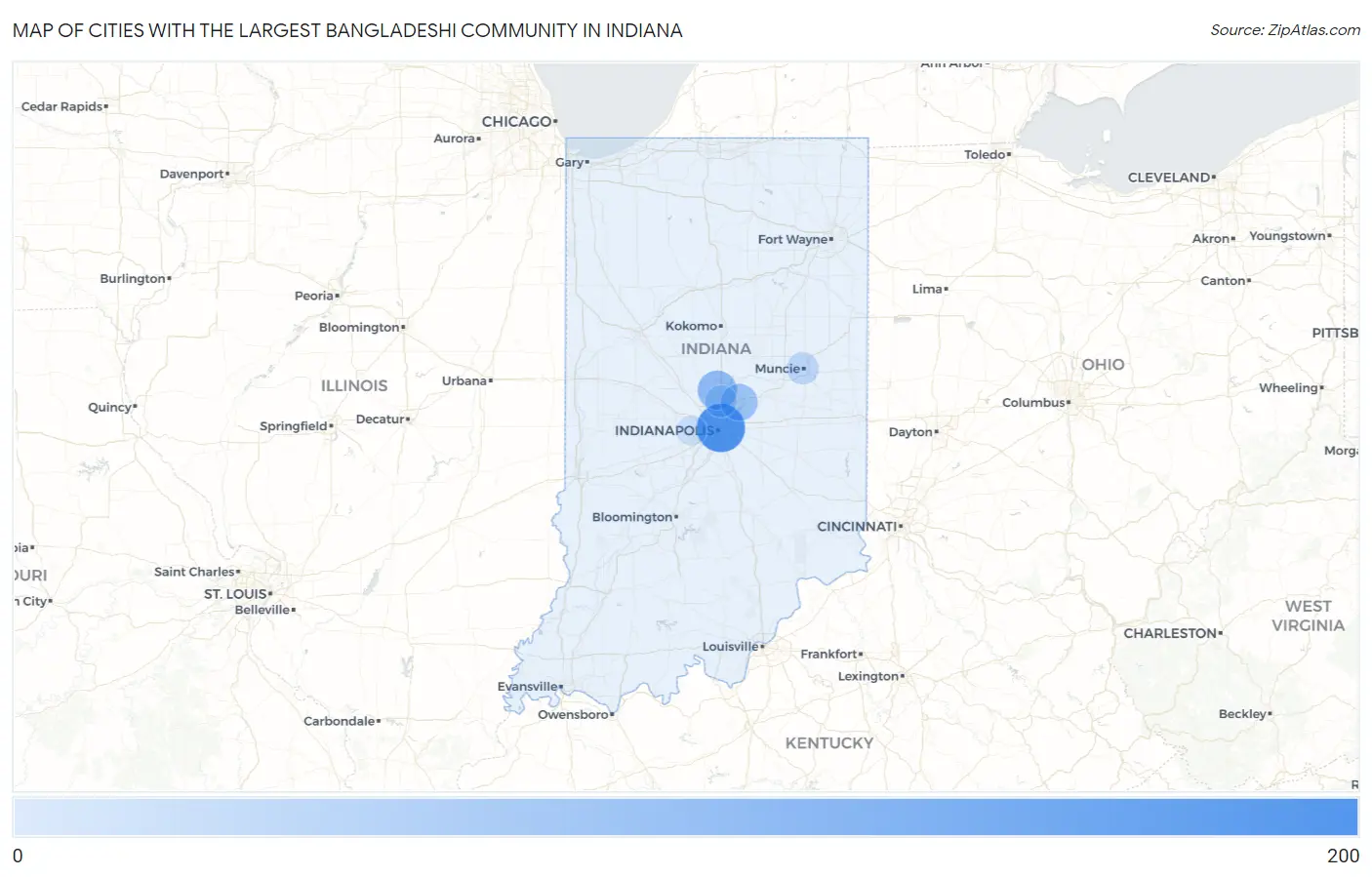 Cities with the Largest Bangladeshi Community in Indiana Map