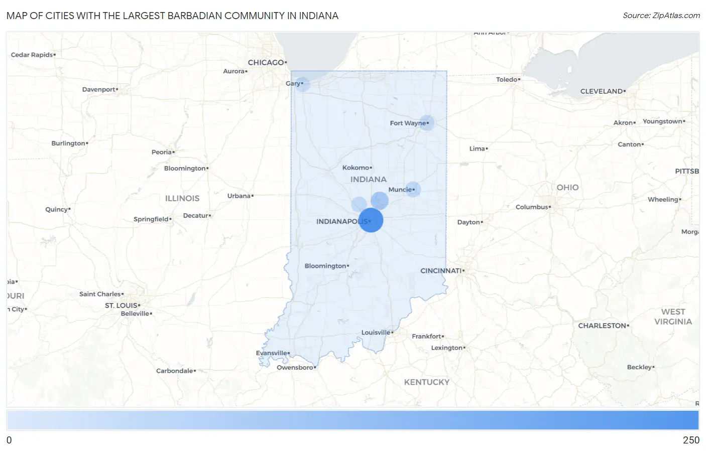 Cities with the Largest Barbadian Community in Indiana Map