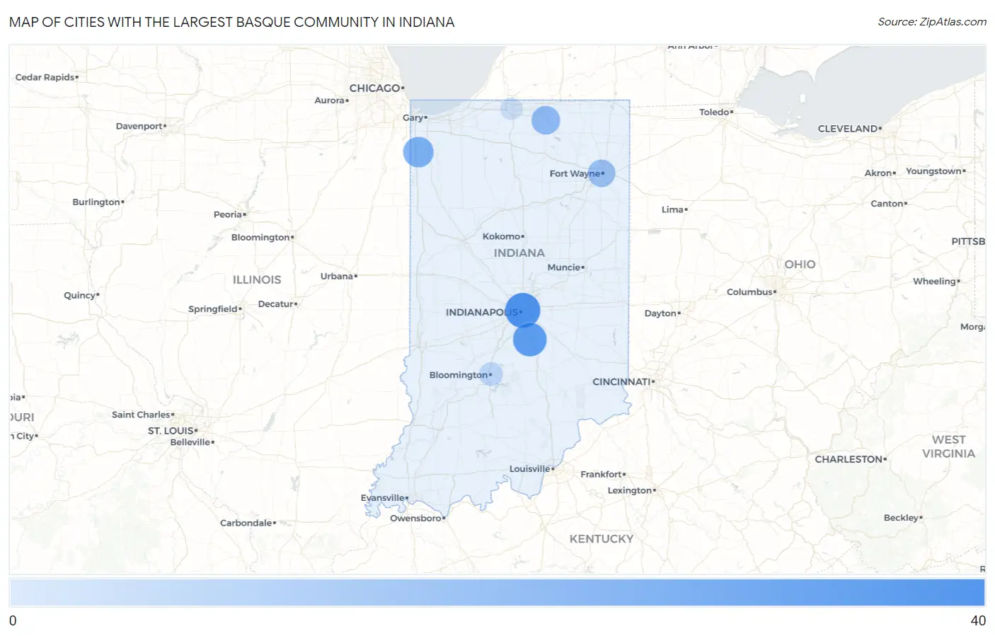Cities with the Largest Basque Community in Indiana Map